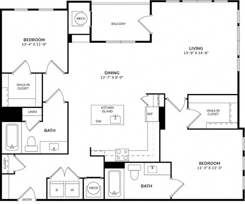 Floor plan for 2 beds, 2 baths, 1274 sqft